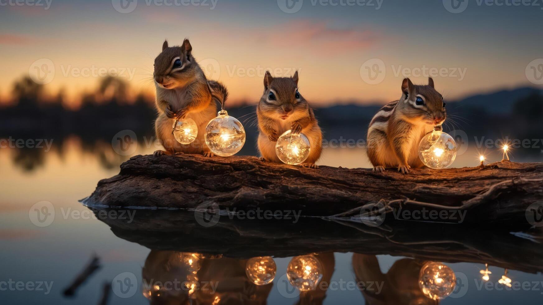 Three chipmunks holding glowing orbs by a serene lakeside at sunset. photo