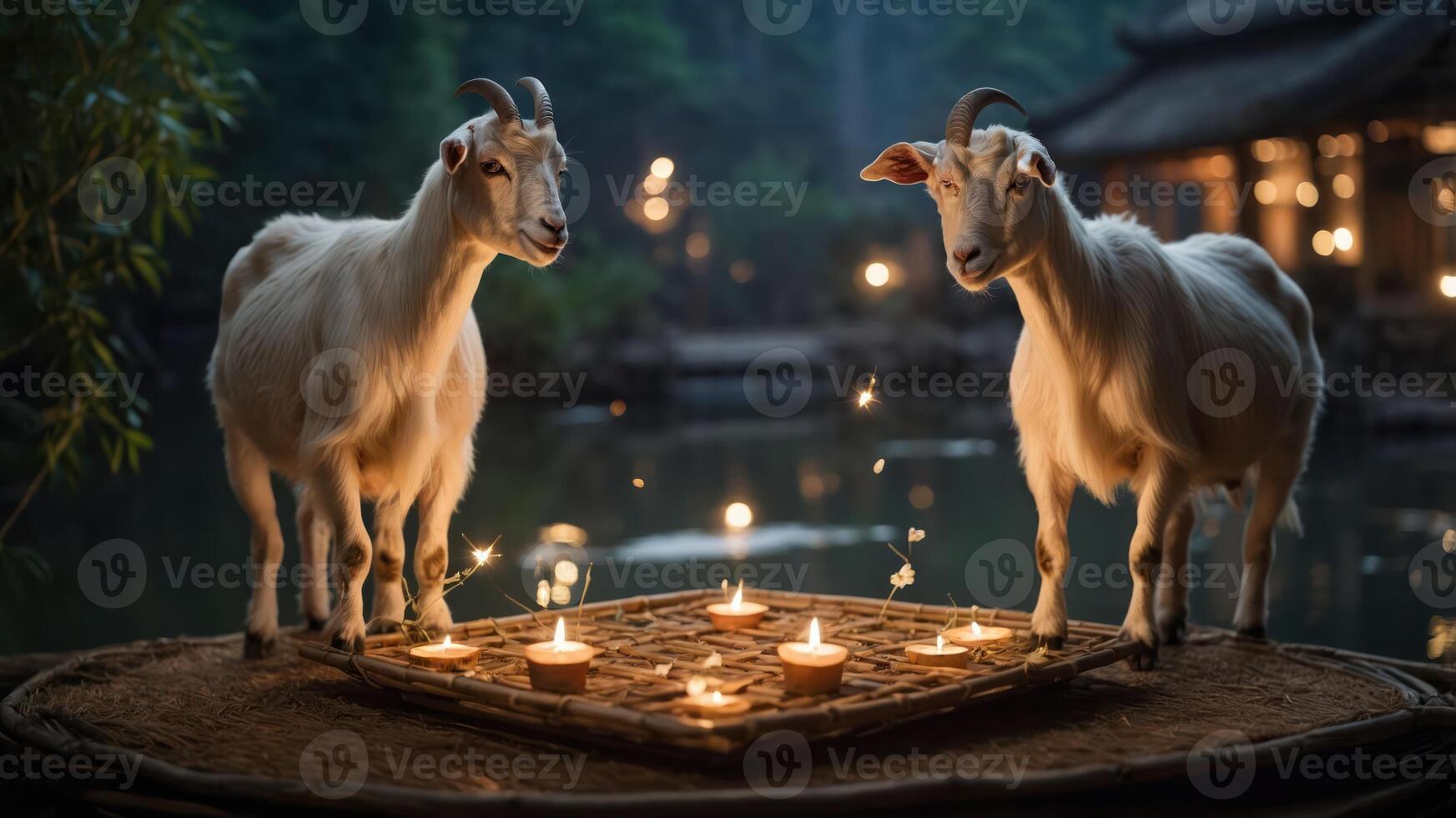 Two goats beside a lit candle arrangement on a woven mat near a serene water setting. photo