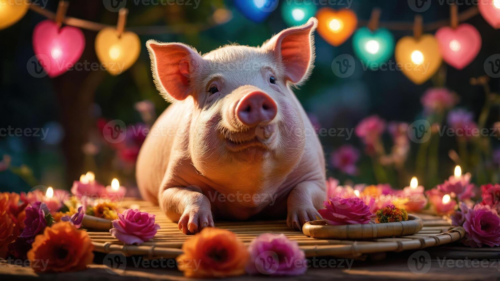 A charming pig surrounded by flowers and candles, creating a festive atmosphere. photo