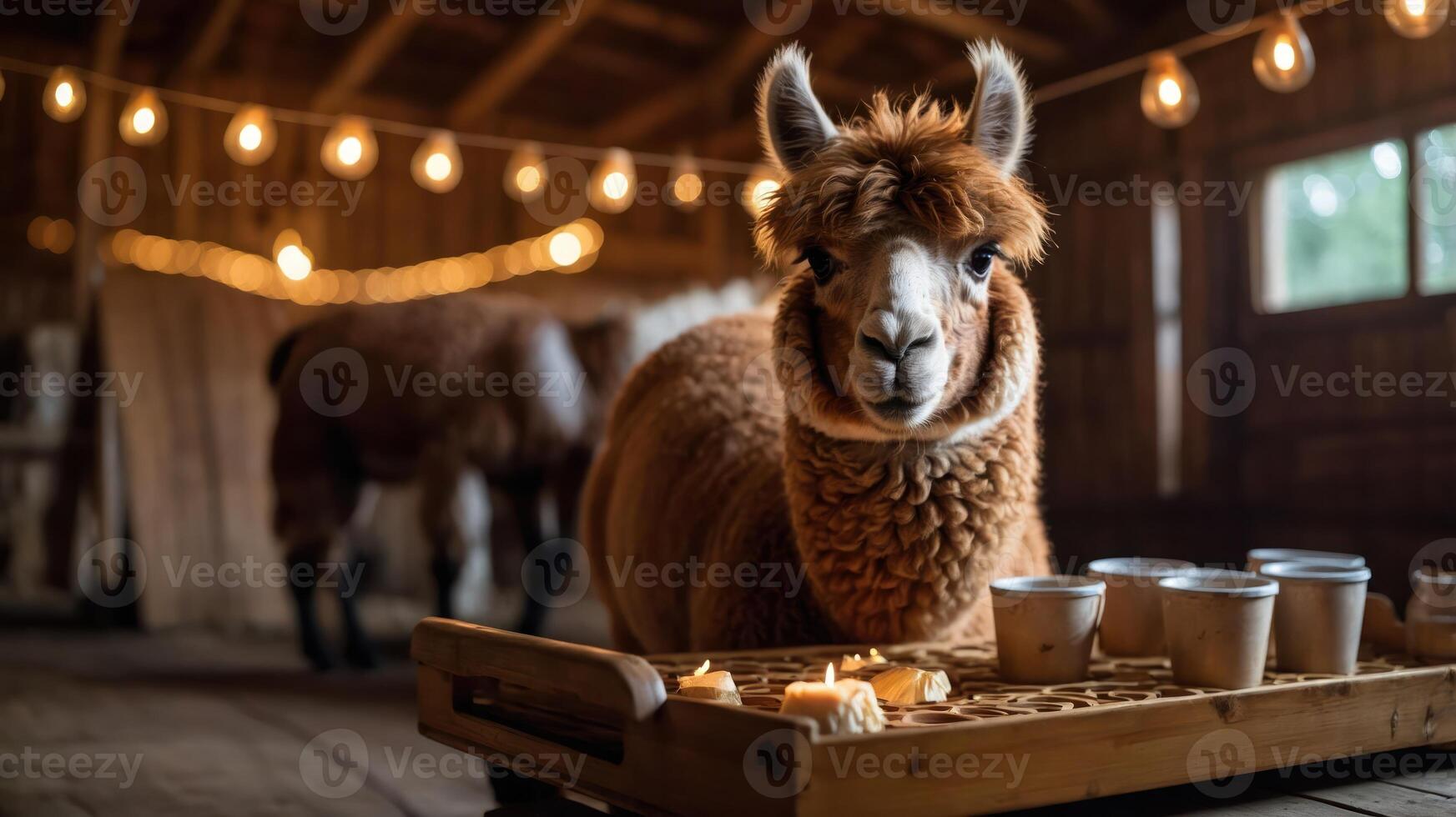 A cozy barn scene featuring an alpaca and cups on a wooden tray, illuminated by string lights. photo