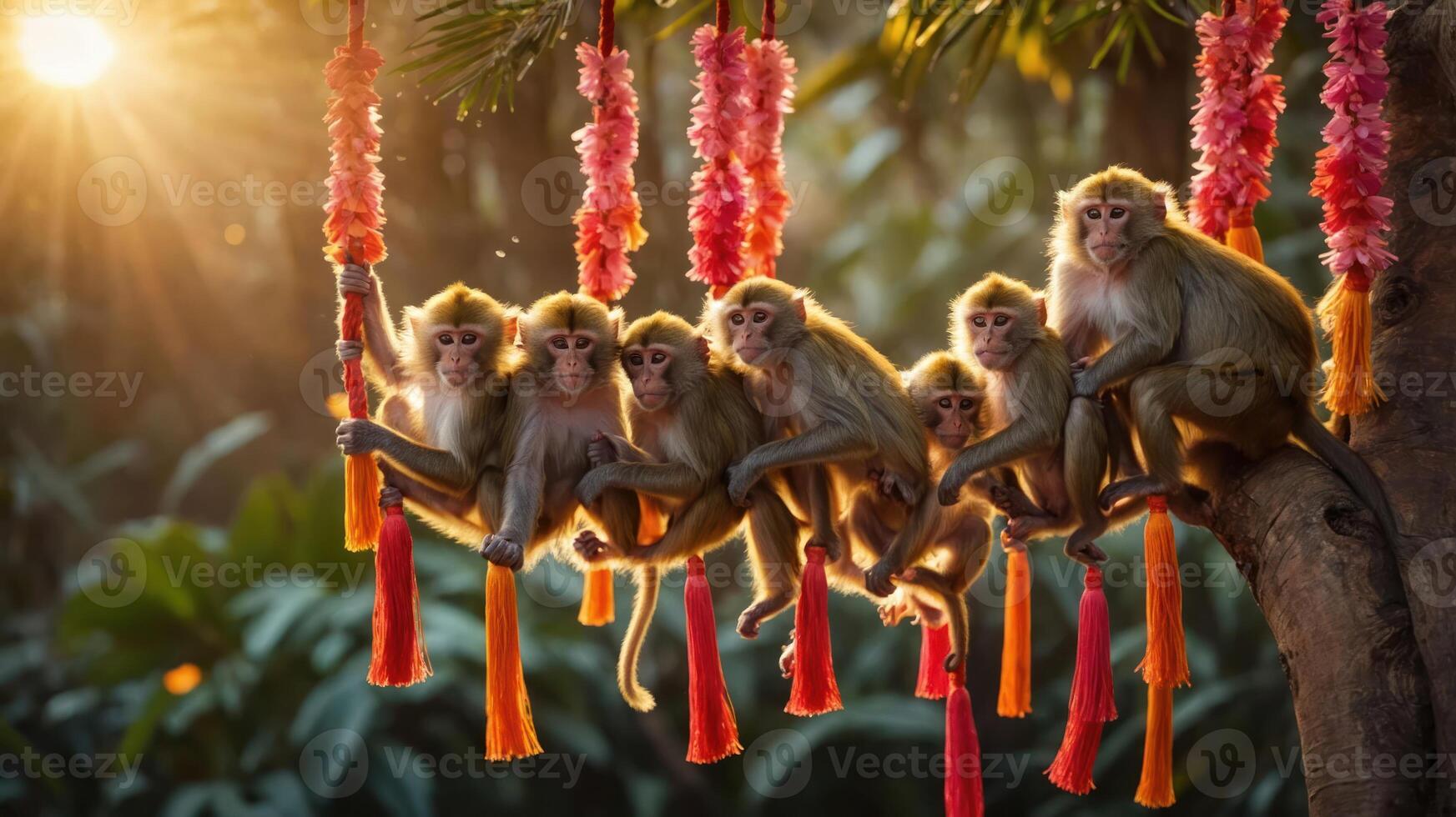 Seven monkeys playfully hanging on a tree with colorful decorations in a sunlit setting. photo