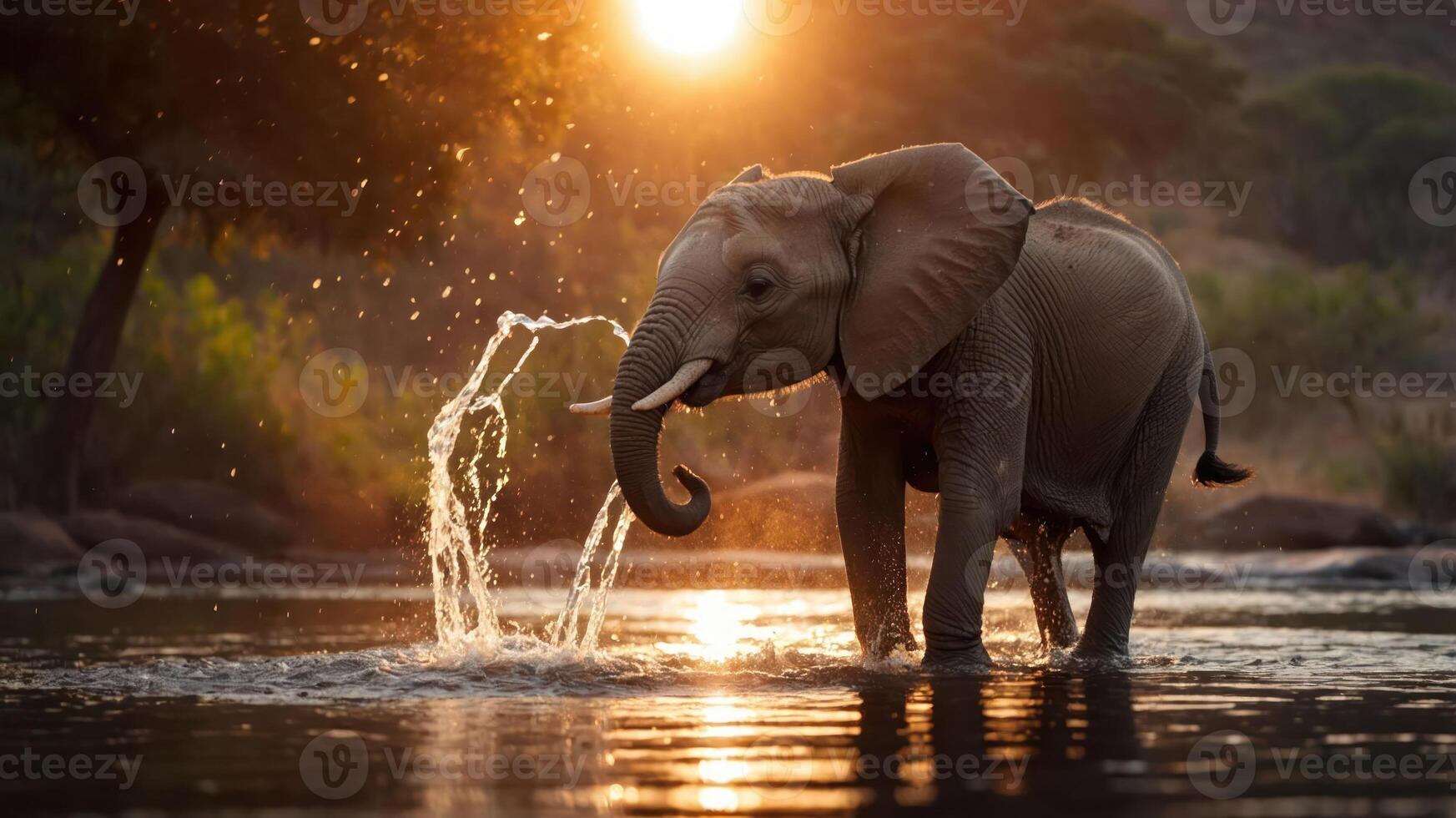 An elephant splashes water in a serene sunset setting, highlighting wildlife beauty. photo