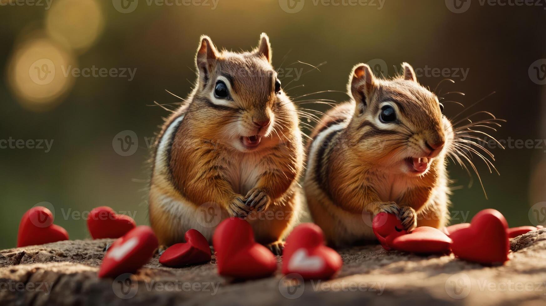 Two chipmunks holding red heart shapes, conveying a playful and affectionate theme. photo