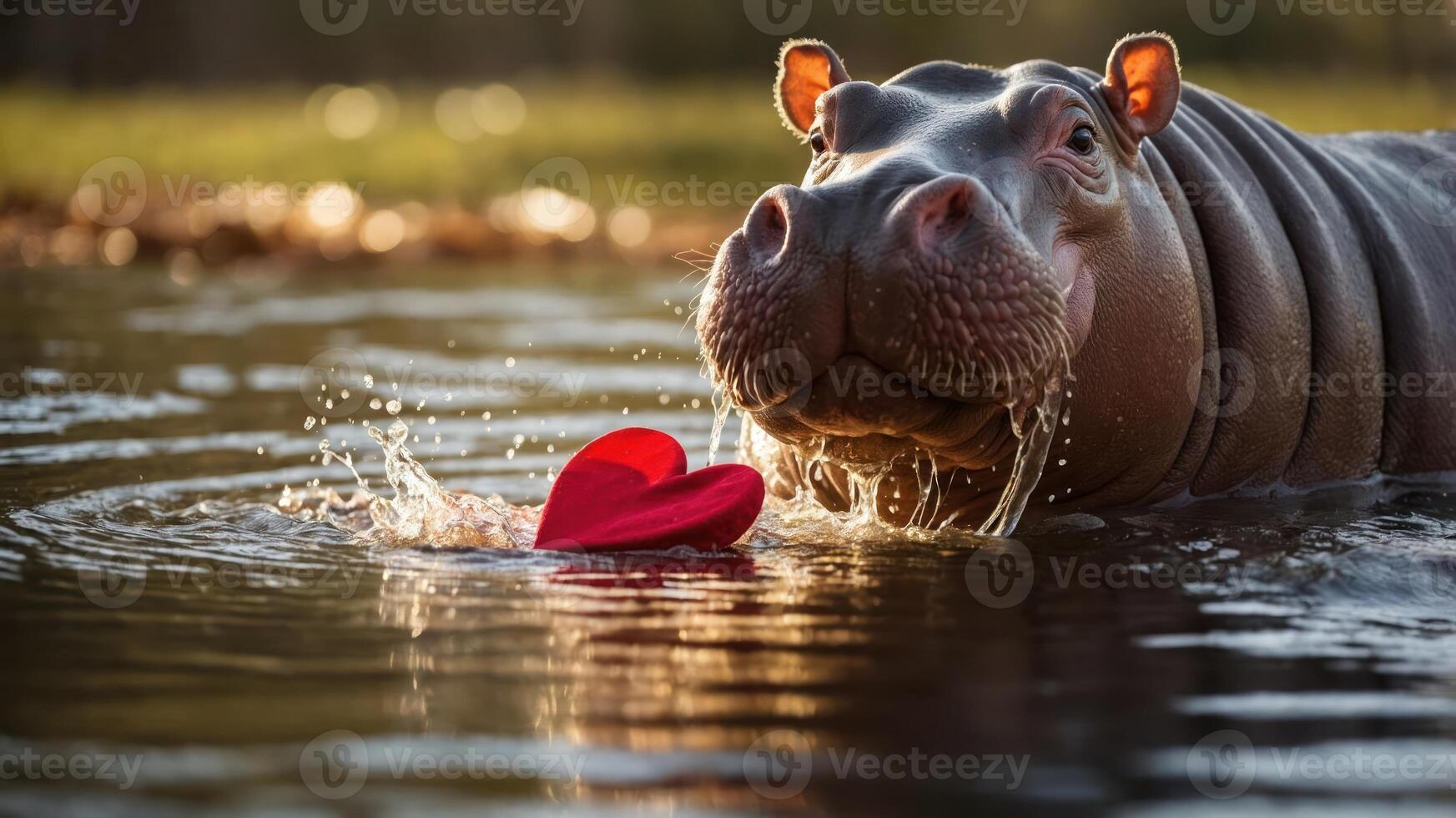 A hippo in water playfully interacts with a red heart-shaped object. photo
