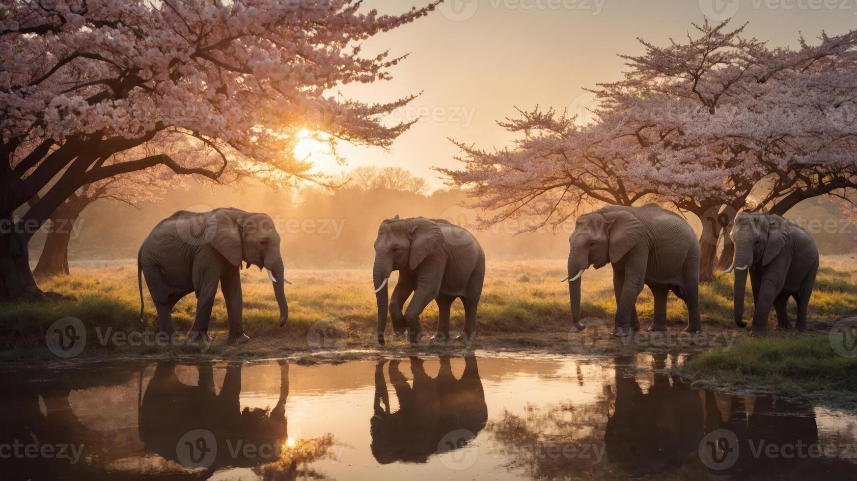 Elephants walking by a serene pond under cherry blossom trees at sunset. photo
