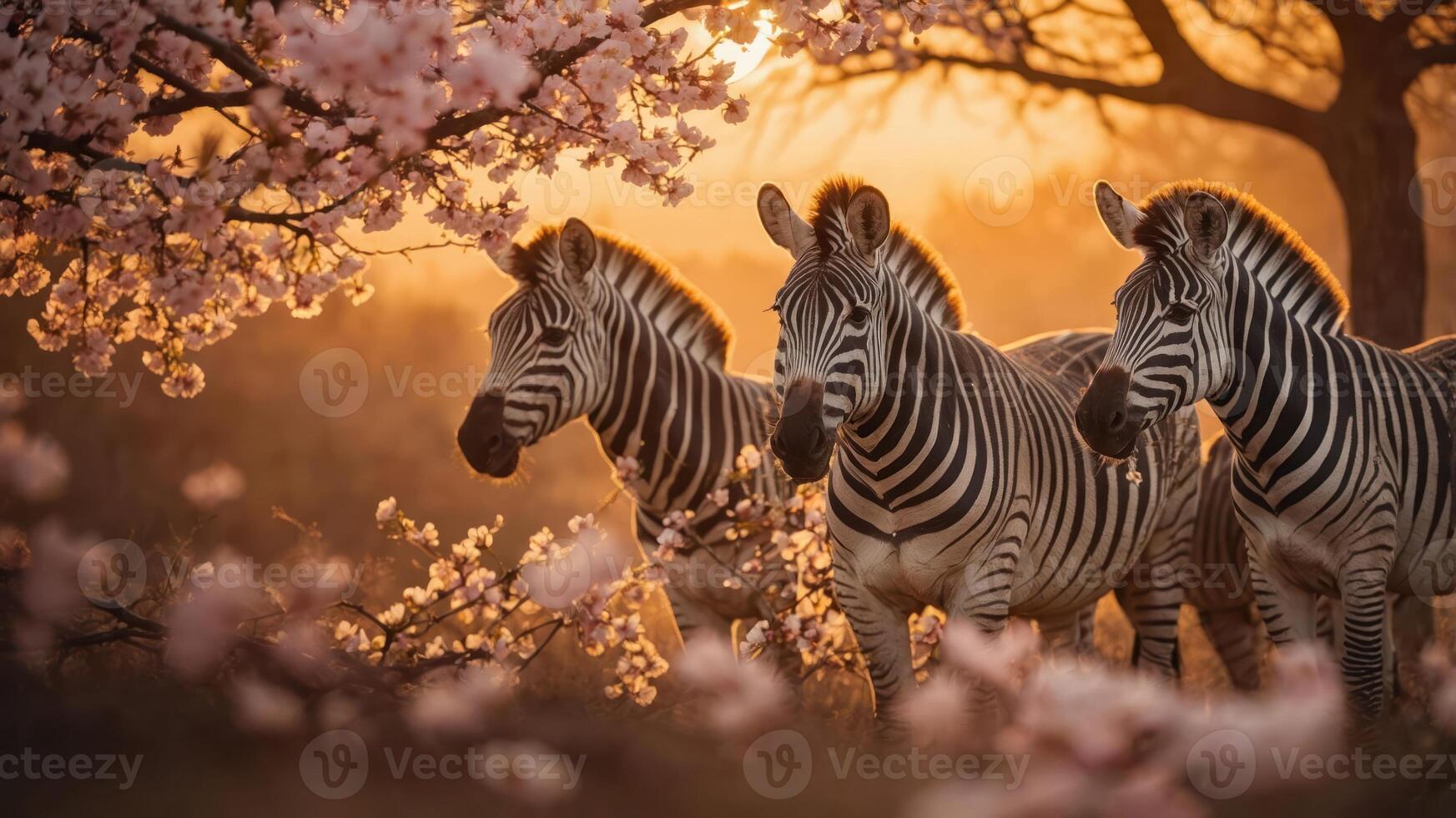 Zebras standing among blooming flowers at sunset, creating a serene wildlife scene. photo