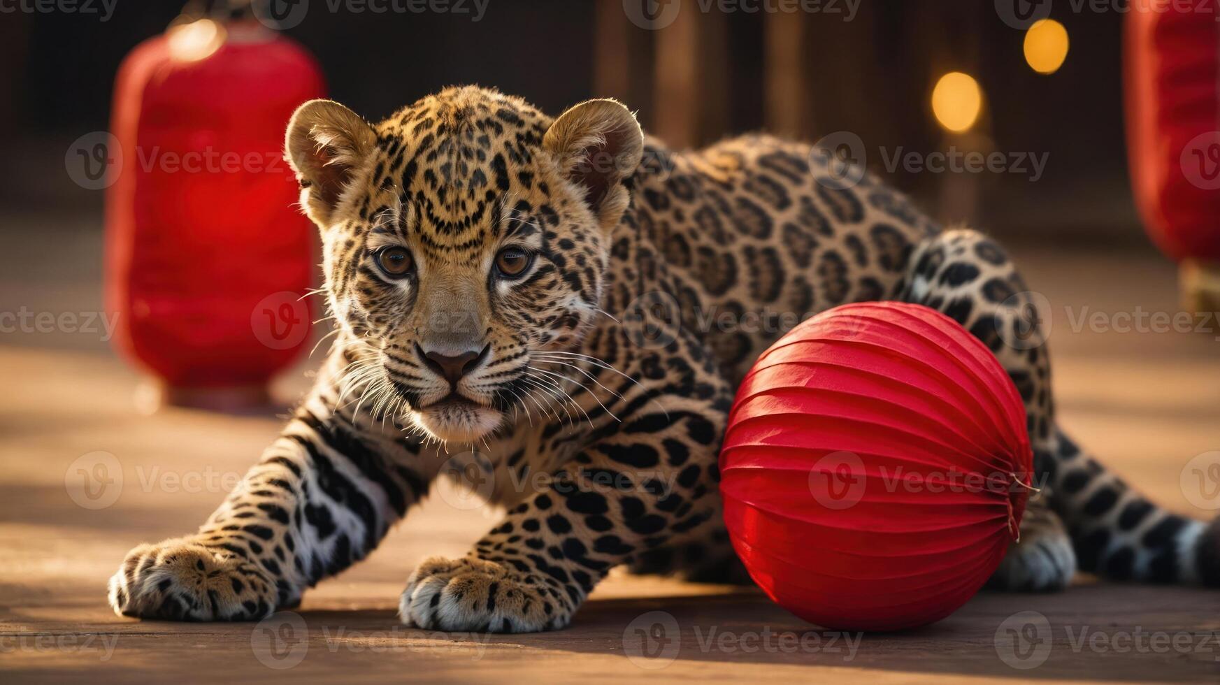 A playful jaguar cub rests beside a red lantern, showcasing its striking coat and curious expression. photo