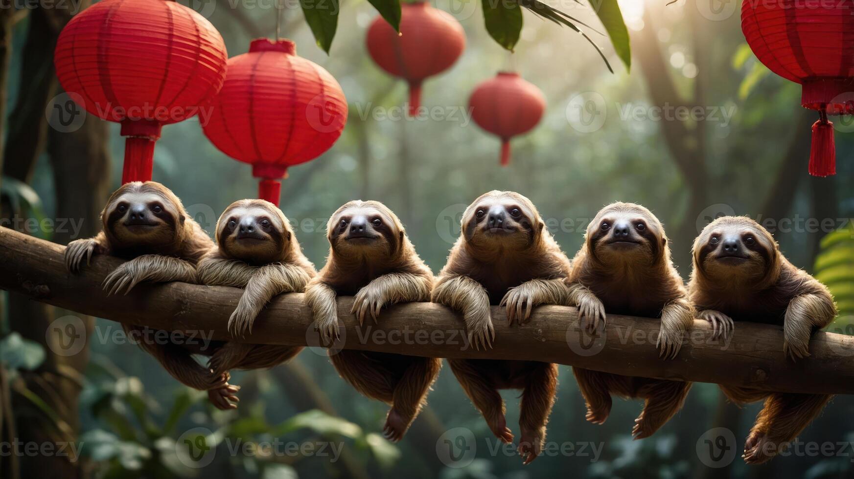 A group of sloths hanging on a branch, surrounded by lush greenery and decorative lanterns. photo