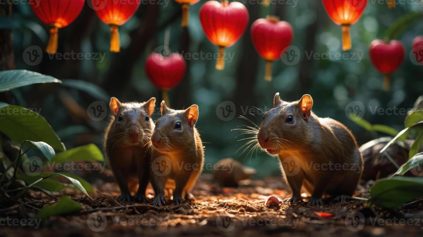 Three small rodents in a lush forest setting with hanging red lanterns. photo