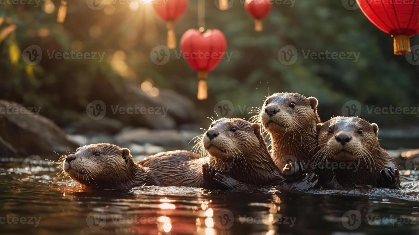 Four otters swimming in a serene river under hanging lanterns at sunset. photo
