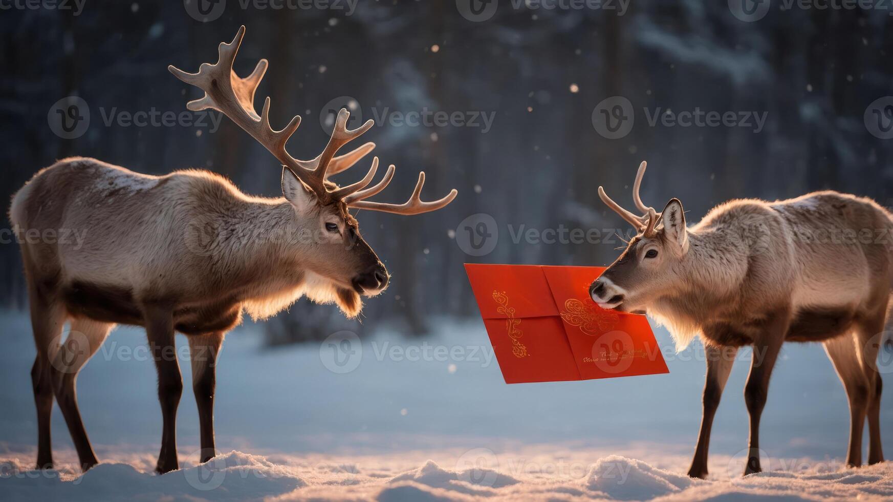 Two reindeer in a snowy landscape exchanging a bright red envelope. photo