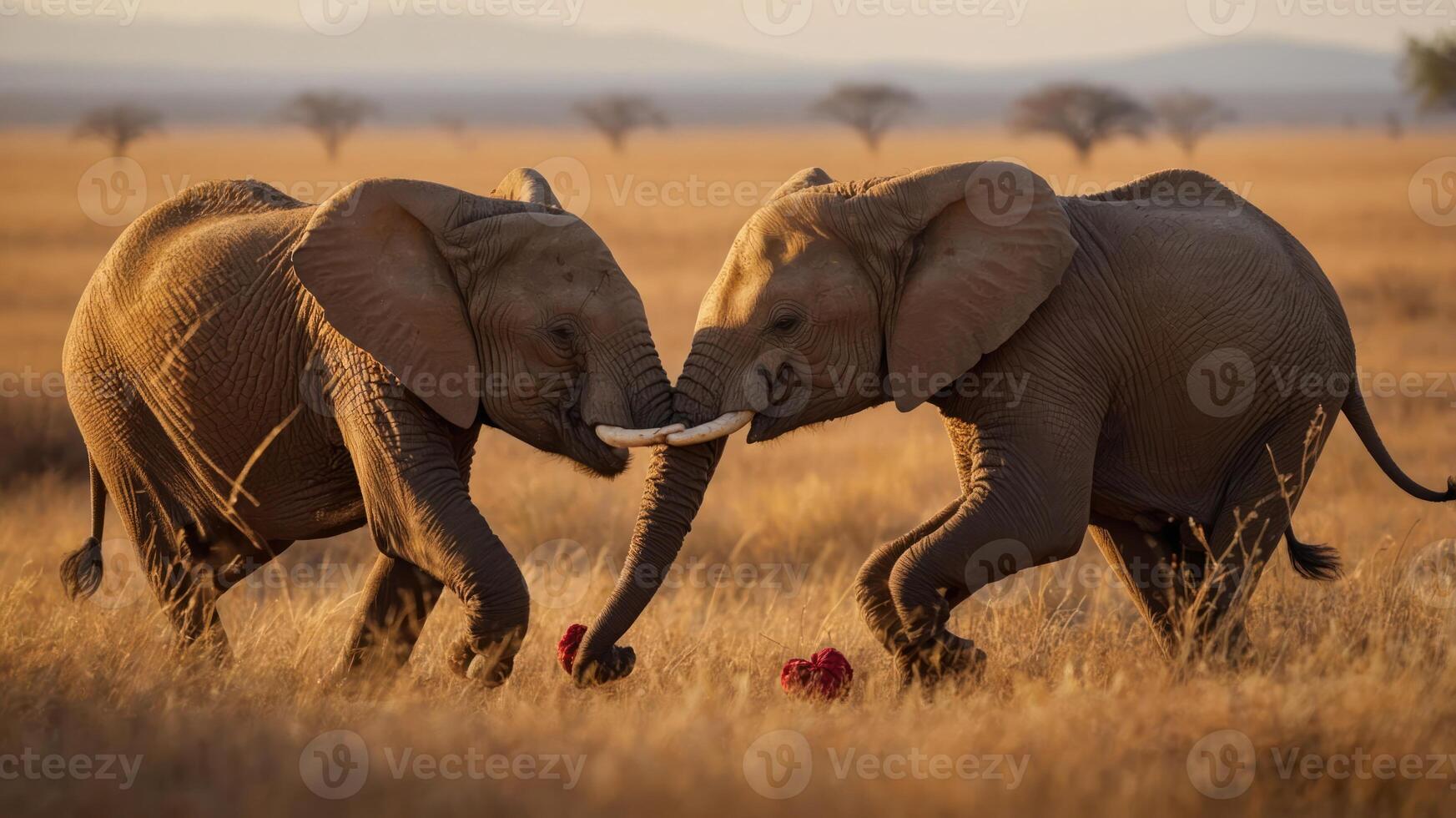 Two elephants playfully interacting in a golden grassland during sunset. photo