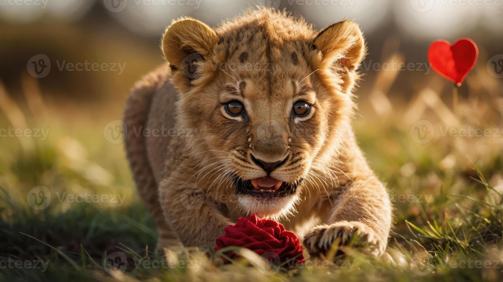 A playful lion cub crawling towards a red rose with a heart in a serene landscape. photo