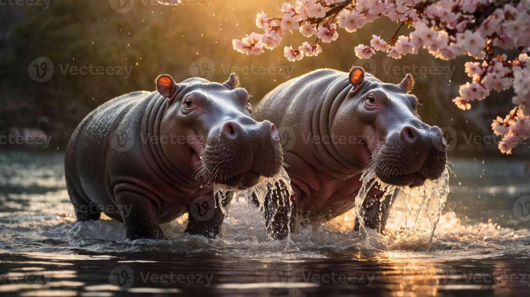 Two hippos playfully emerge from a tranquil water scene, framed by cherry blossoms. photo