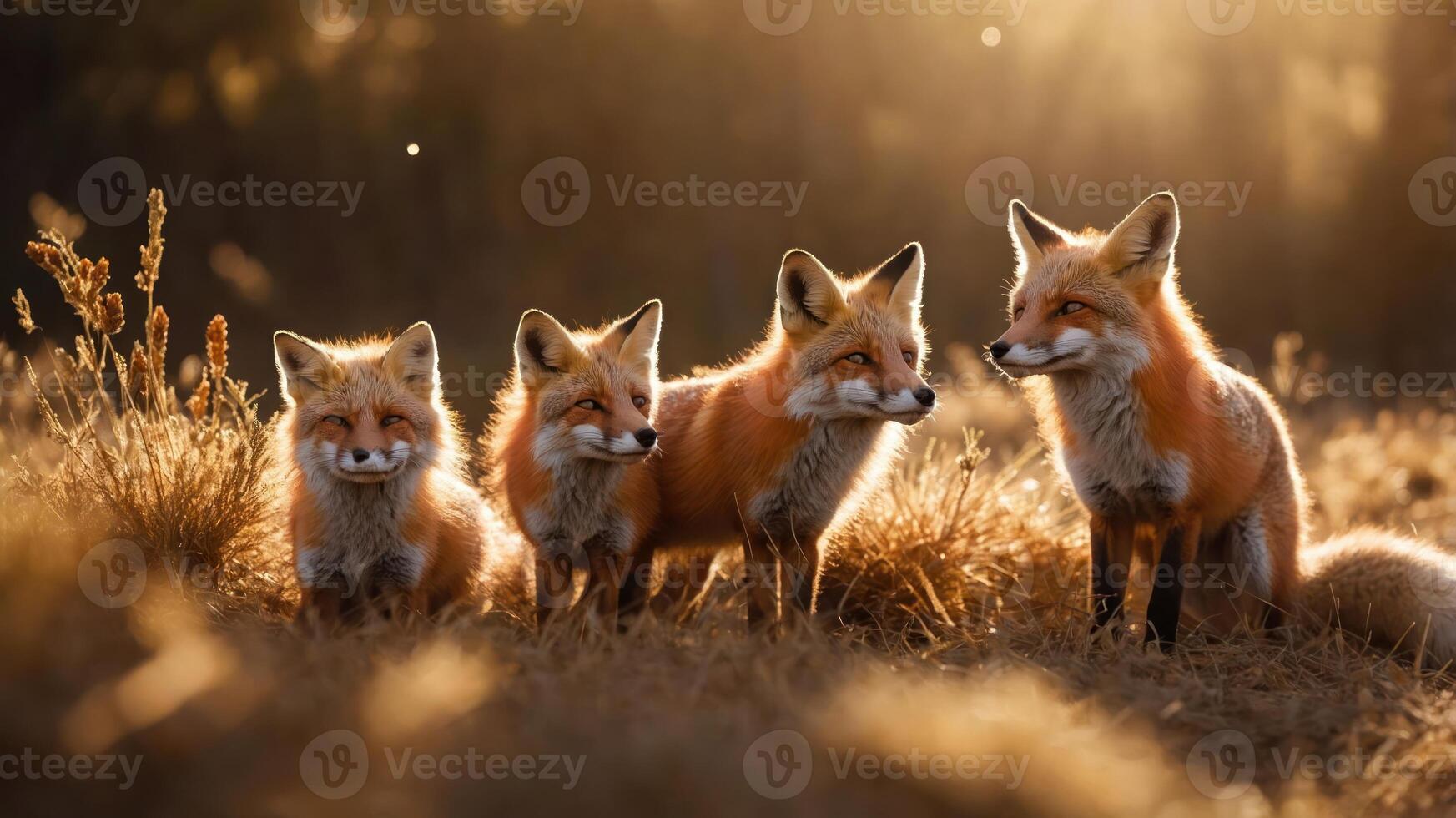 Four red foxes standing together in a sunlit field, showcasing their vibrant fur. photo
