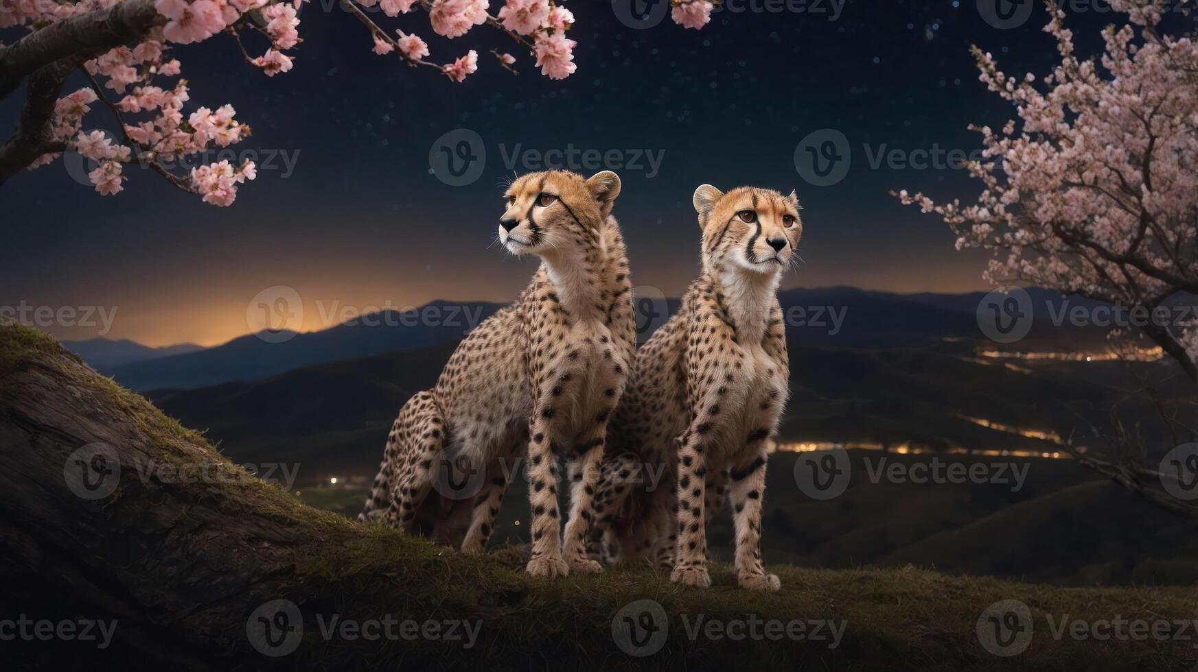 Two cheetahs sit gracefully under cherry blossom trees at night. photo