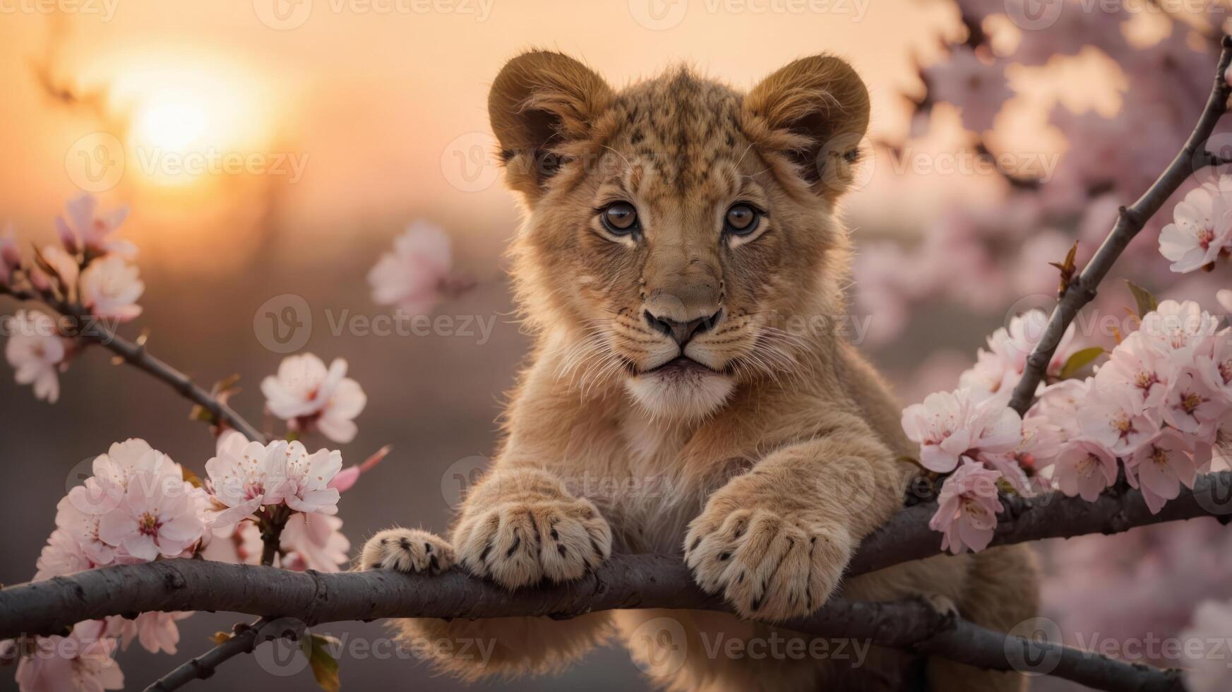 A playful lion cub resting on a branch amidst blooming flowers at sunset. photo