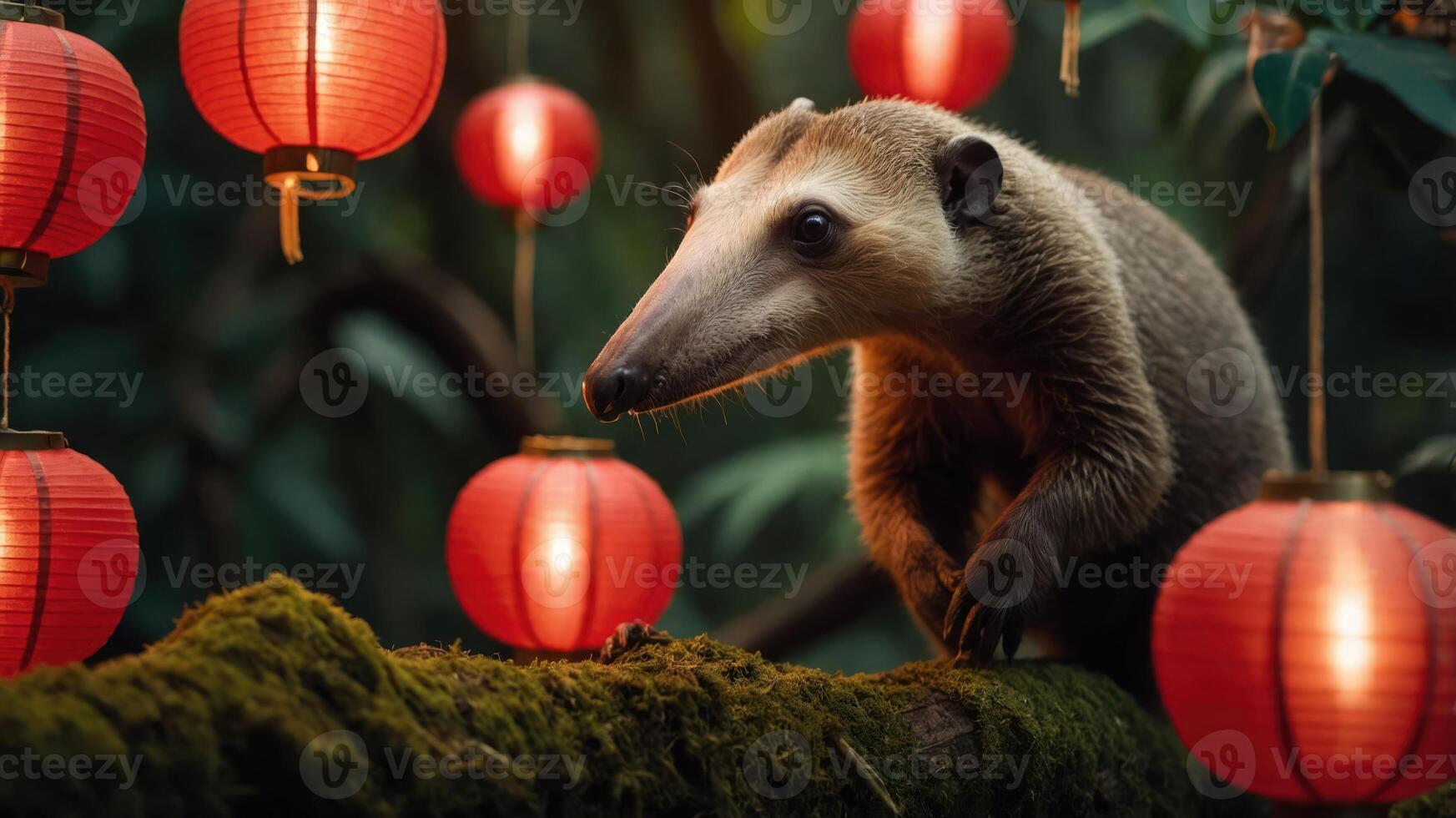 A nocturnal scene featuring an animal beside red lanterns in a lush environment. photo