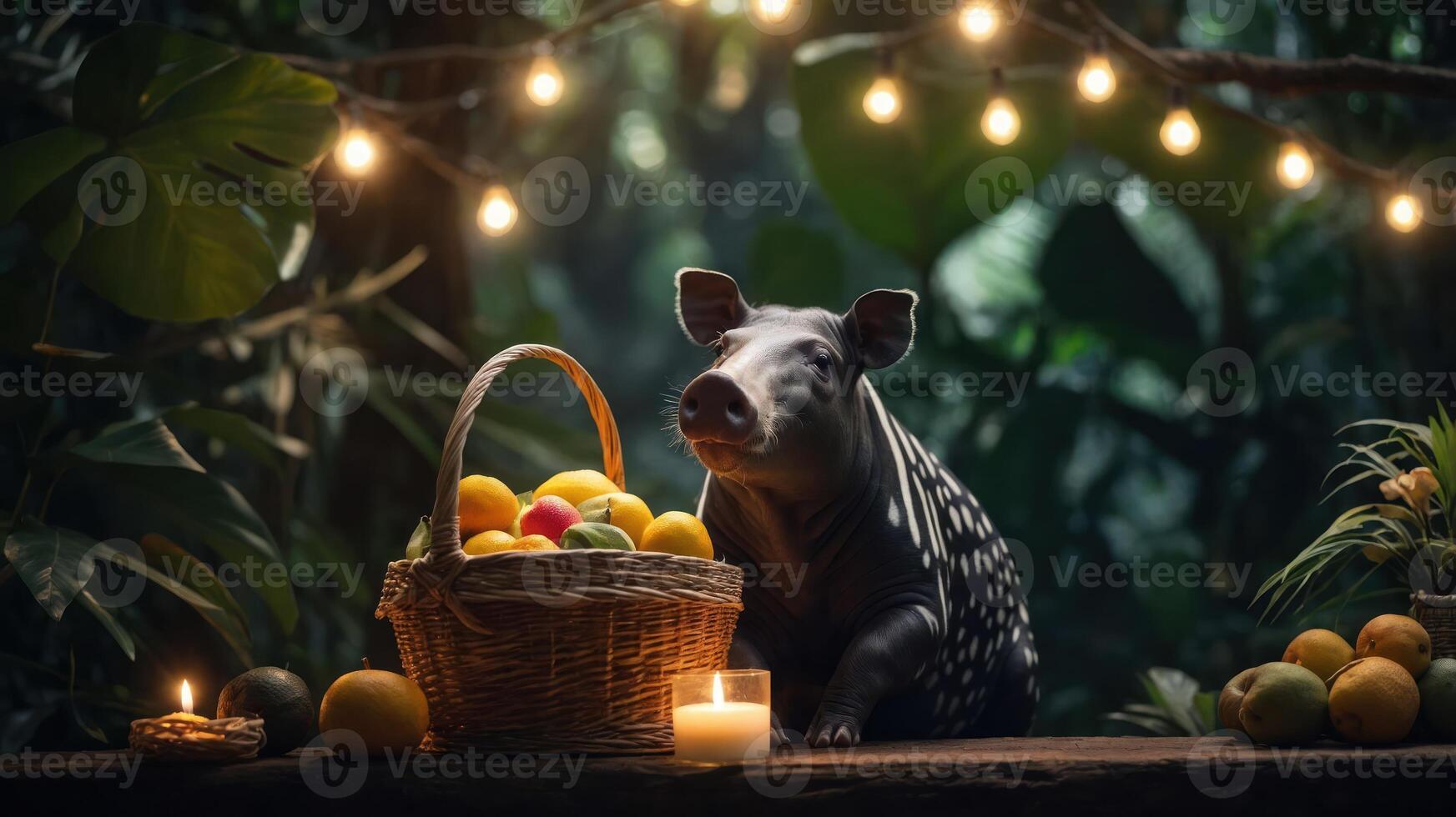 A pig beside a basket of fruits and a candle in a lush, dimly lit environment. photo