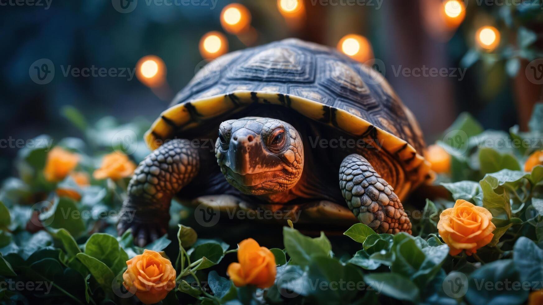 A turtle resting among greenery and roses, illuminated by soft lights. photo