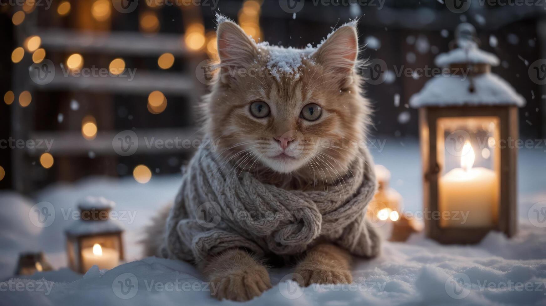 A cozy cat wrapped in a knitted scarf, surrounded by snow and warm lanterns. photo