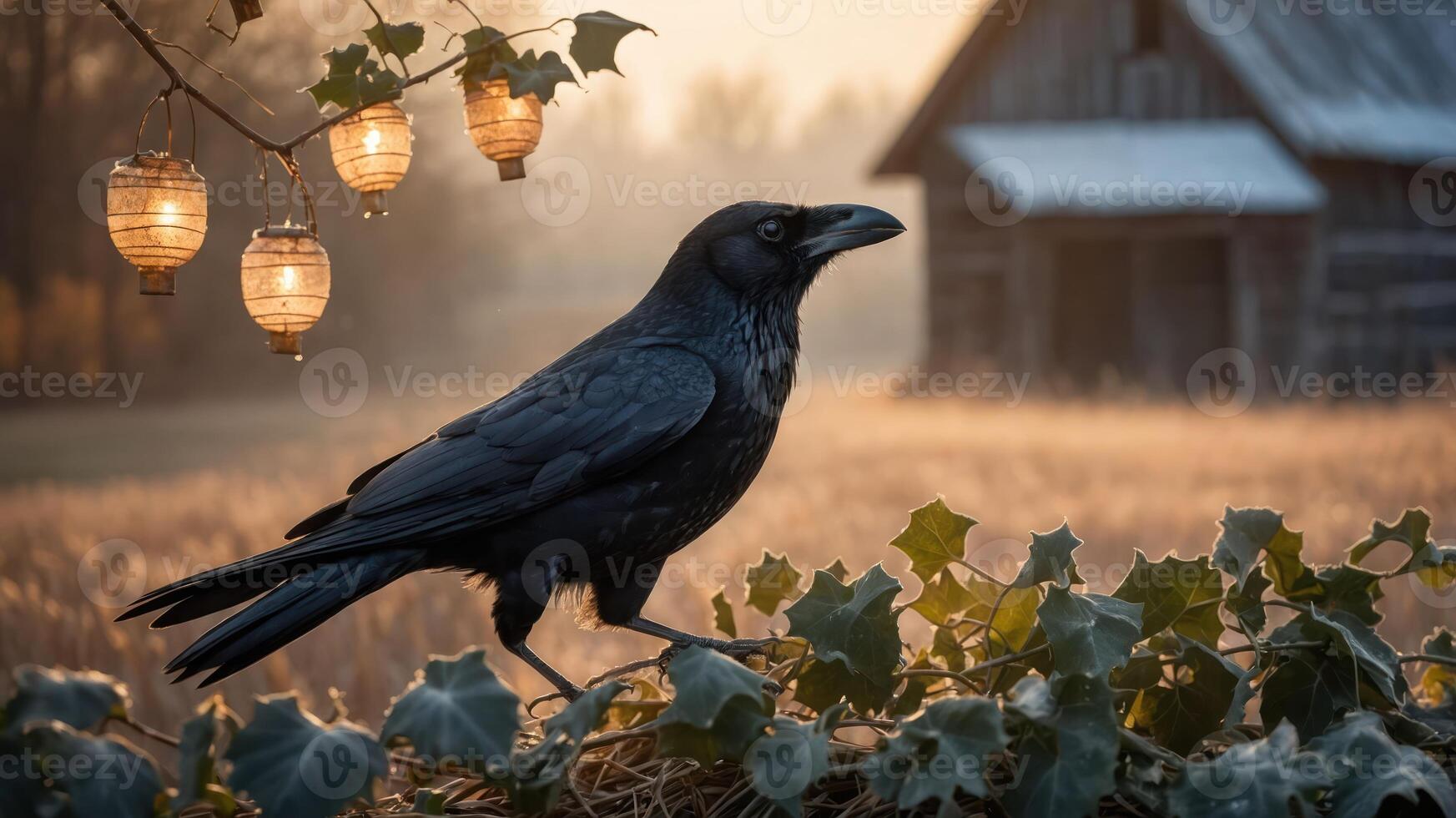 A raven perched near a barn, surrounded by ivy and glowing lanterns in a serene setting. photo