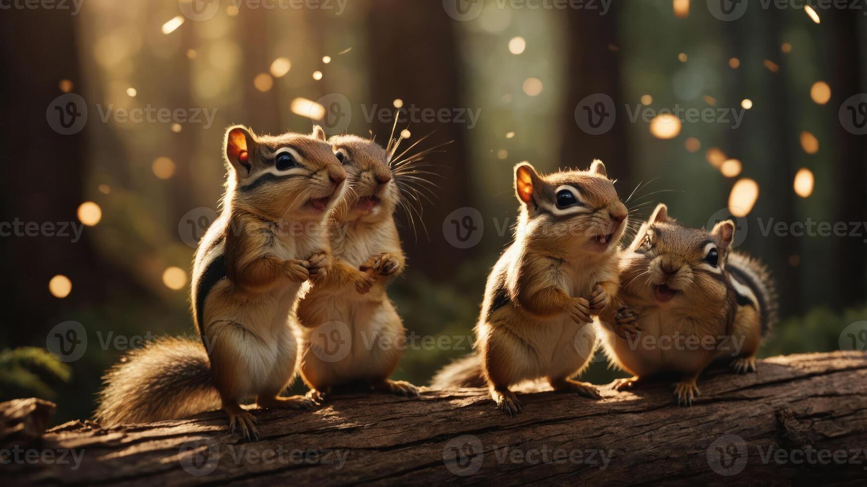 Four chipmunks on a log in a forest, seemingly engaged in a lively conversation. photo