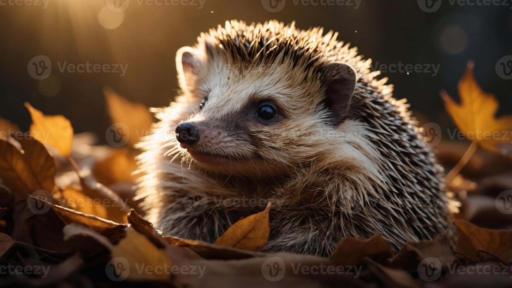 A hedgehog nestled among autumn leaves, illuminated by soft sunlight. photo