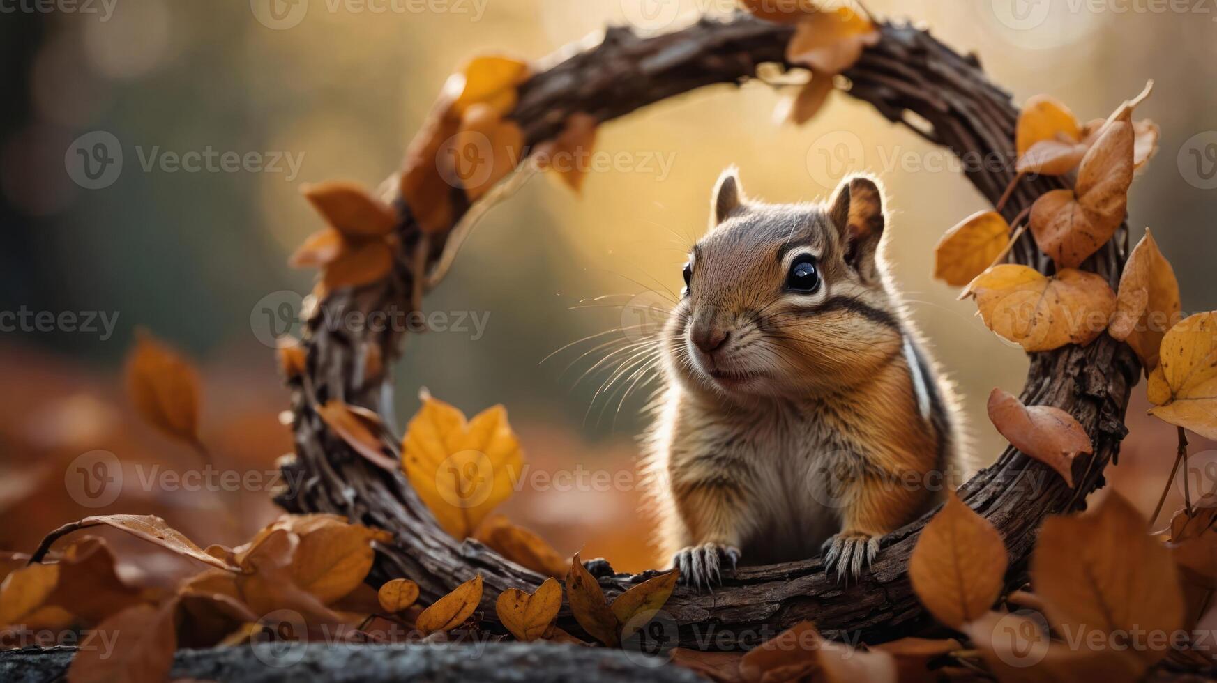 A chipmunk framed by a circular wreath of twigs and autumn leaves in a serene forest setting. photo