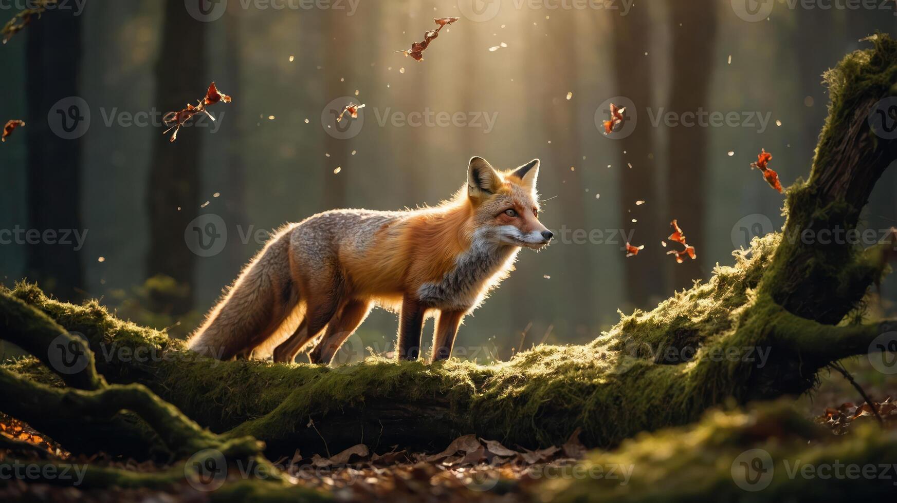 A majestic fox stands amidst a sunlit forest, surrounded by falling leaves. photo