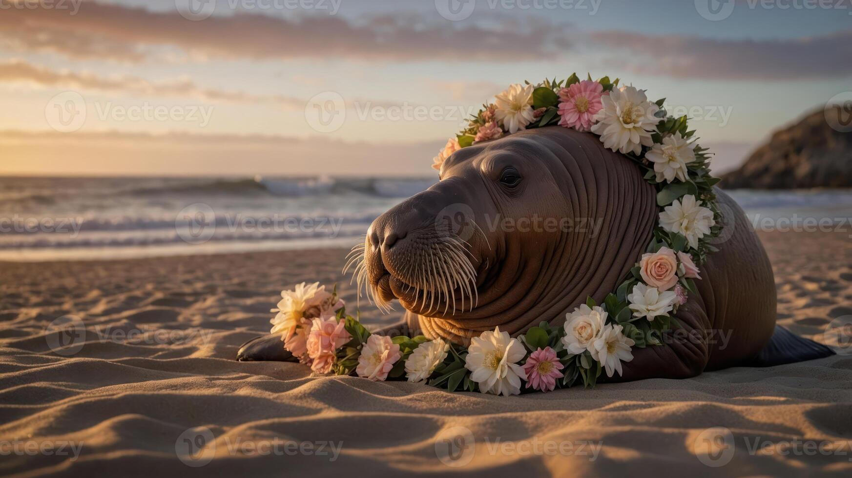 A seal adorned with a floral wreath resting on a beach at sunset. photo