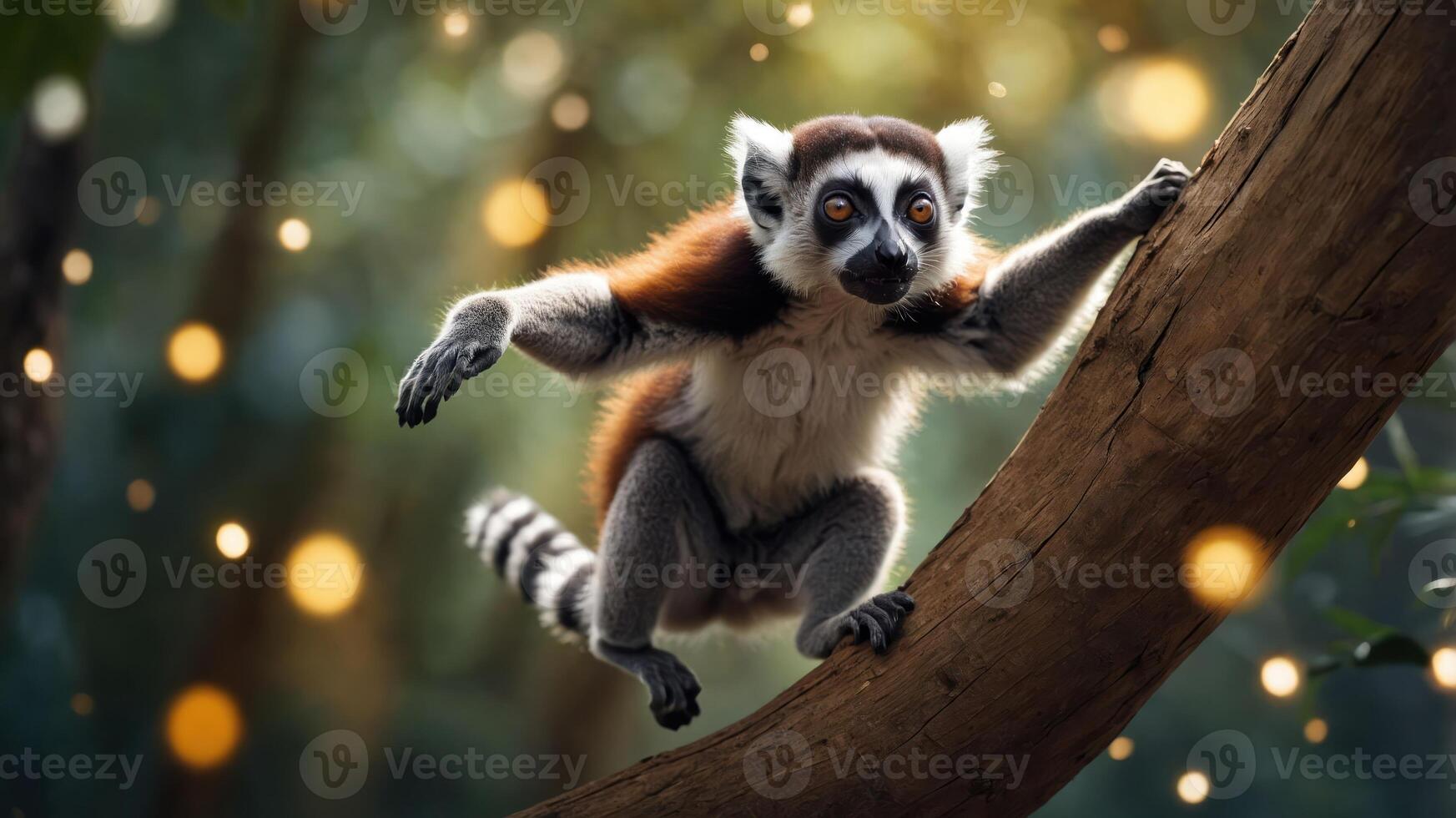 A lemur gracefully leaps on a tree branch in a vibrant forest setting. photo