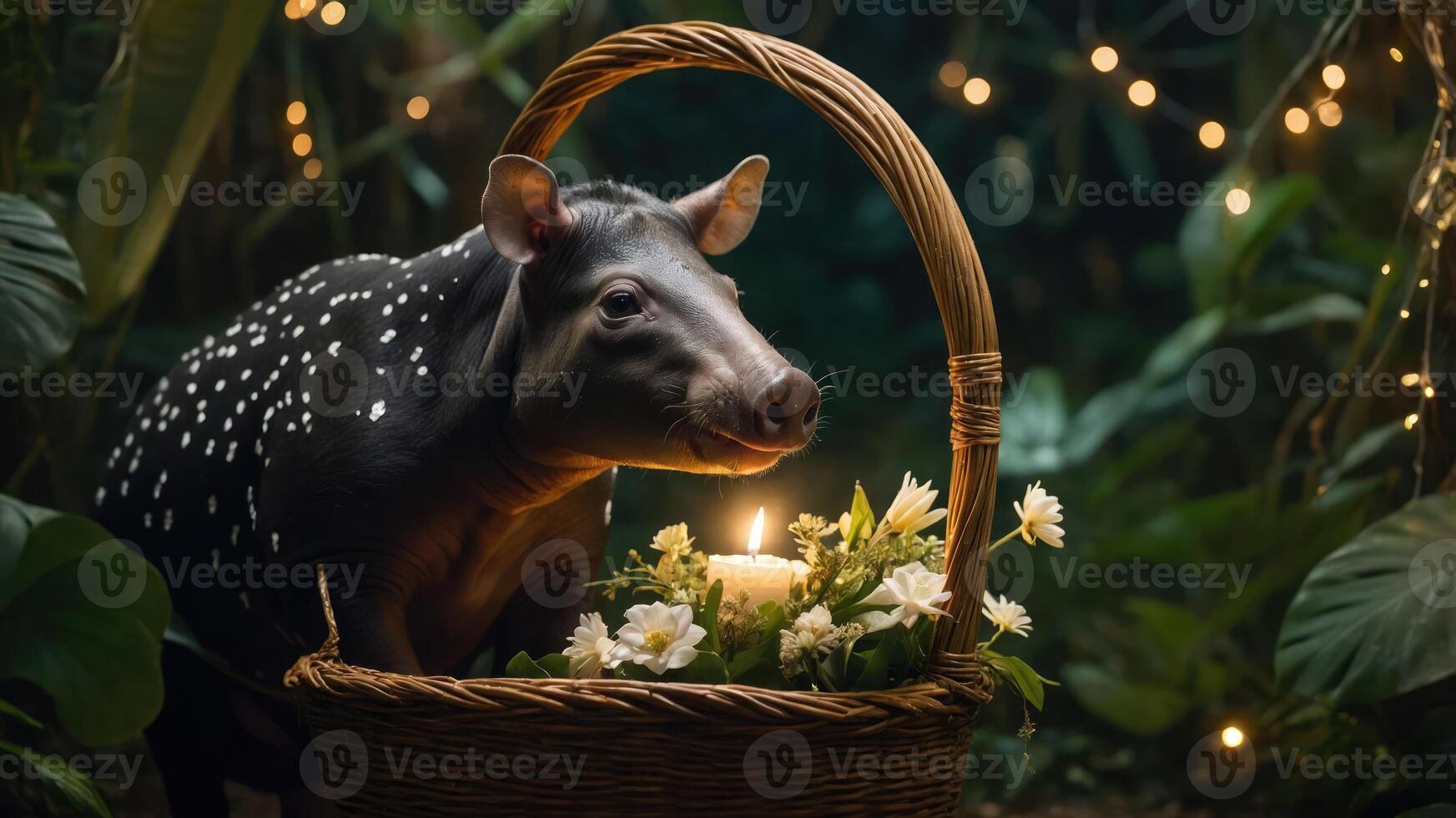 A spotted animal curiously peeks from a basket filled with flowers and a candle in a lush setting. photo