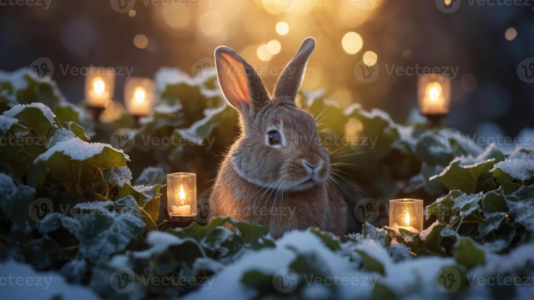 A serene rabbit surrounded by snow and candles, creating a peaceful winter atmosphere. photo
