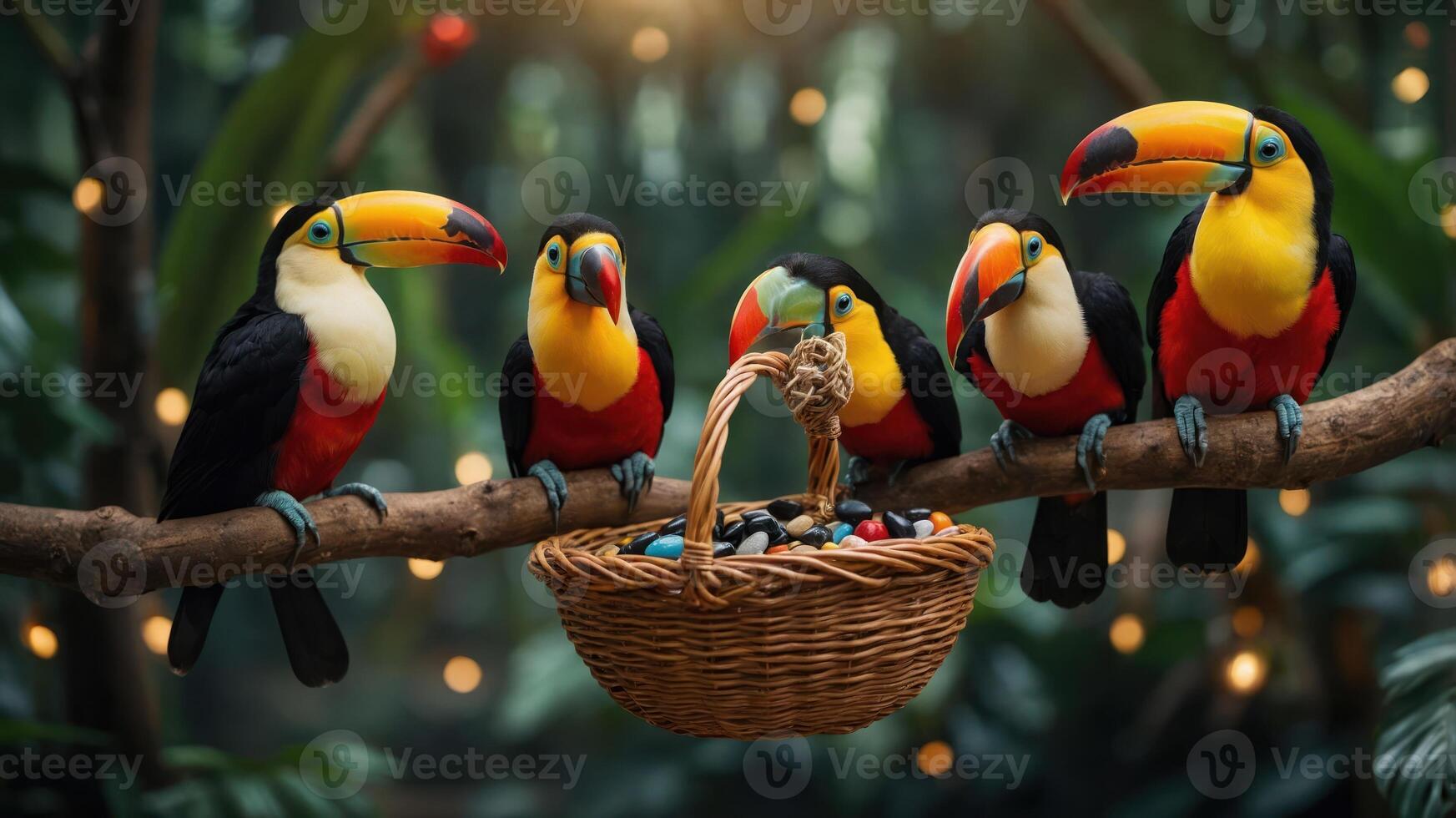 A vibrant scene of toucans perched on a branch beside a basket of colorful stones. photo