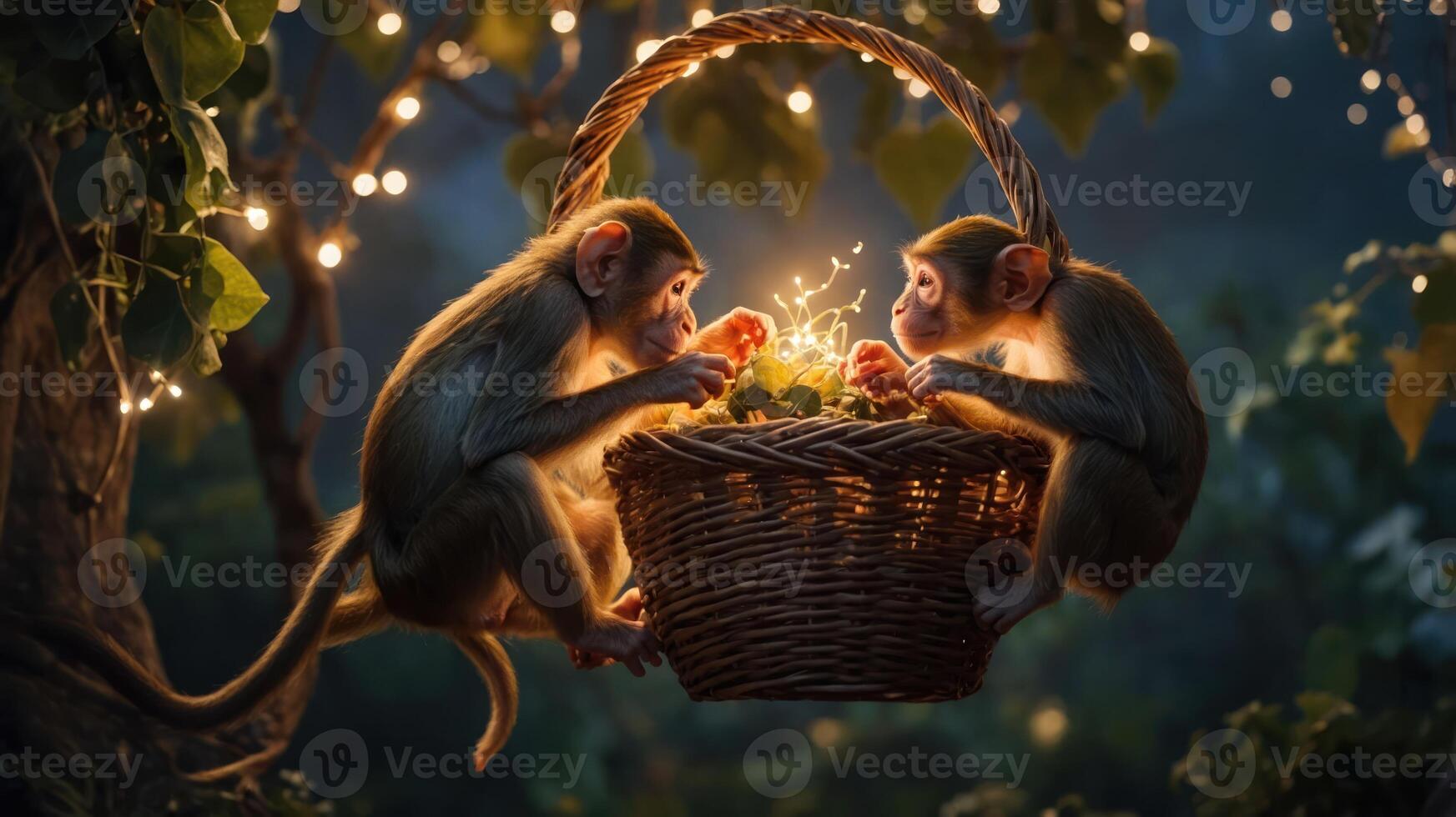 Two monkeys sharing a basket of fruit, illuminated by soft lights in a serene setting. photo