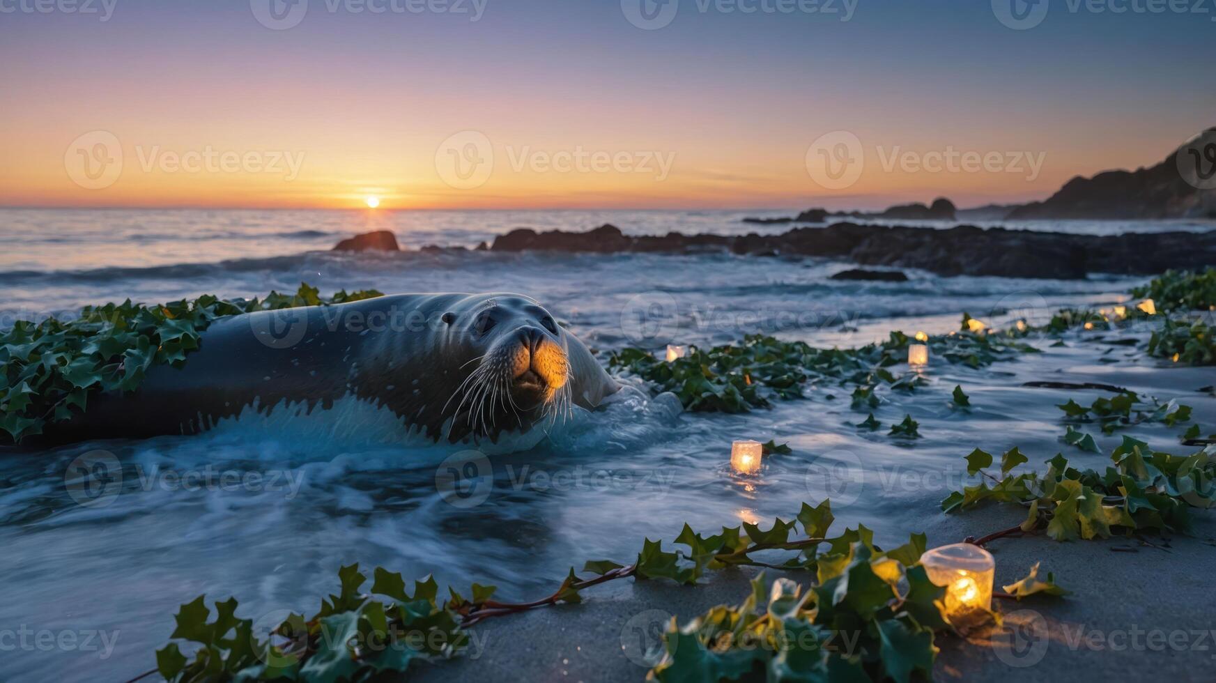 A seal on a beach at sunset, surrounded by ivy and candles, creating a serene atmosphere. photo