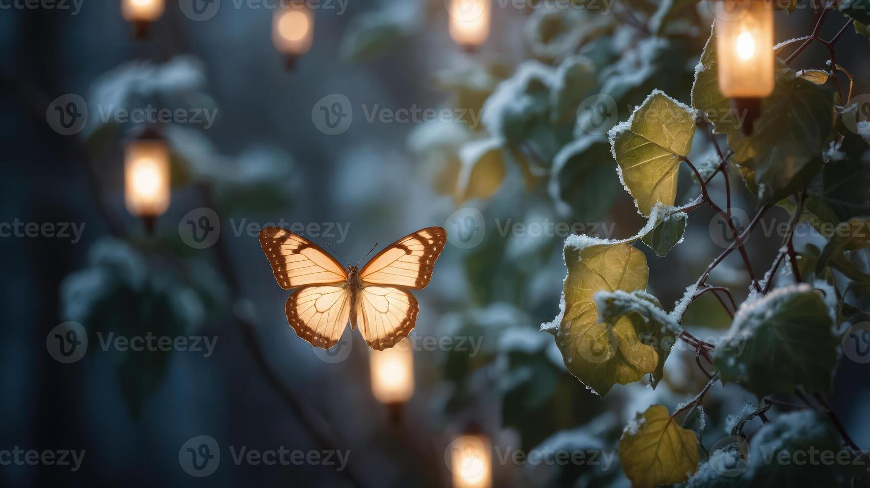 A serene scene featuring a butterfly amidst glowing lanterns and snowy leaves. photo