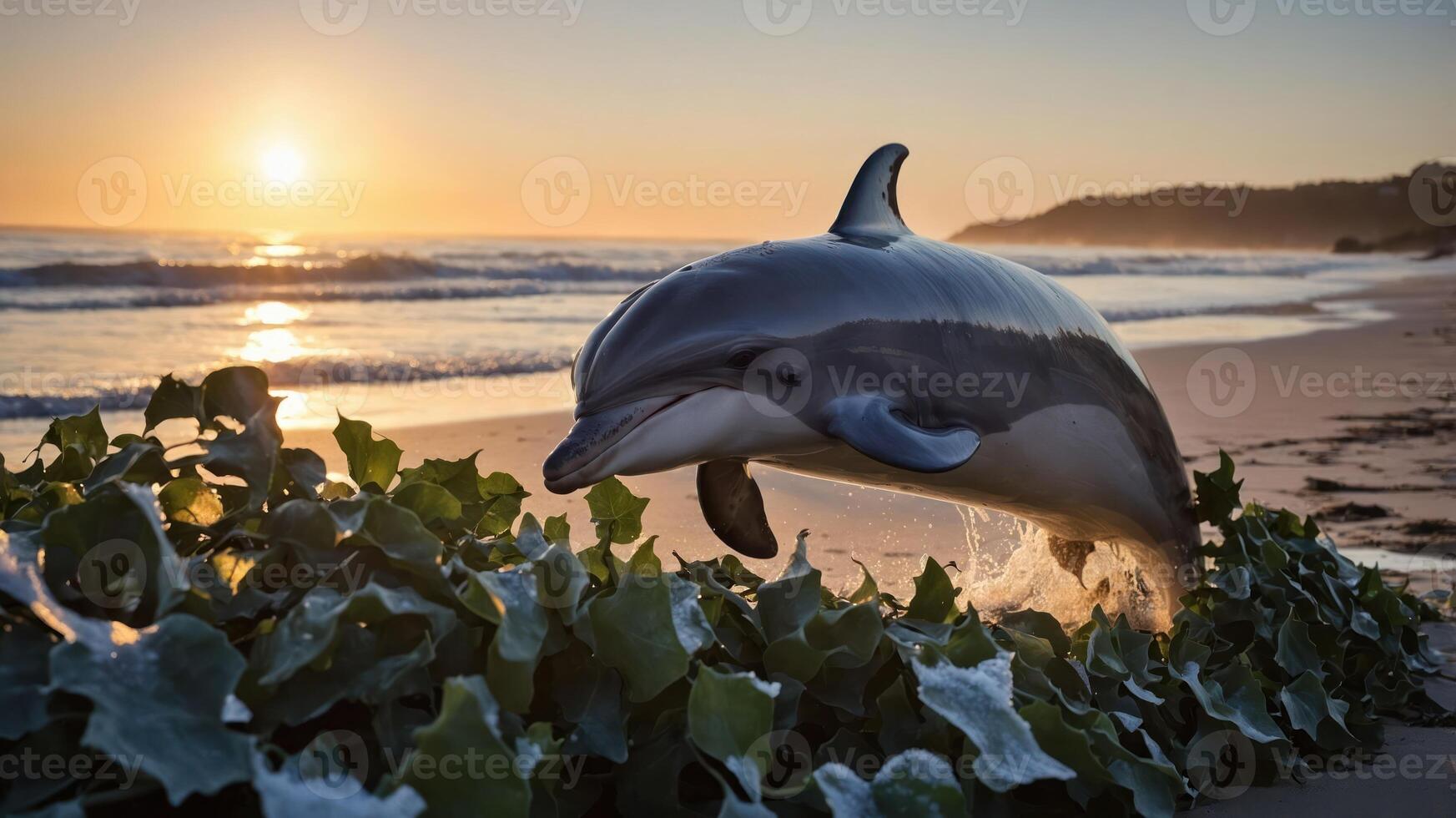 A dolphin leaps playfully over beach vegetation at sunset, creating a serene coastal scene. photo