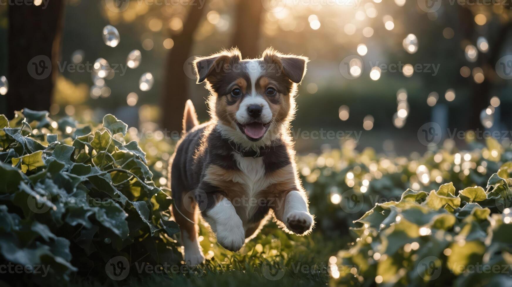 A playful puppy runs joyfully through a garden with sunlight and droplets in the background. photo