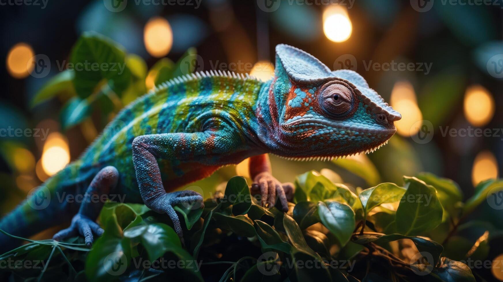 A vibrant chameleon perched on green leaves with soft glowing lights in the background. photo