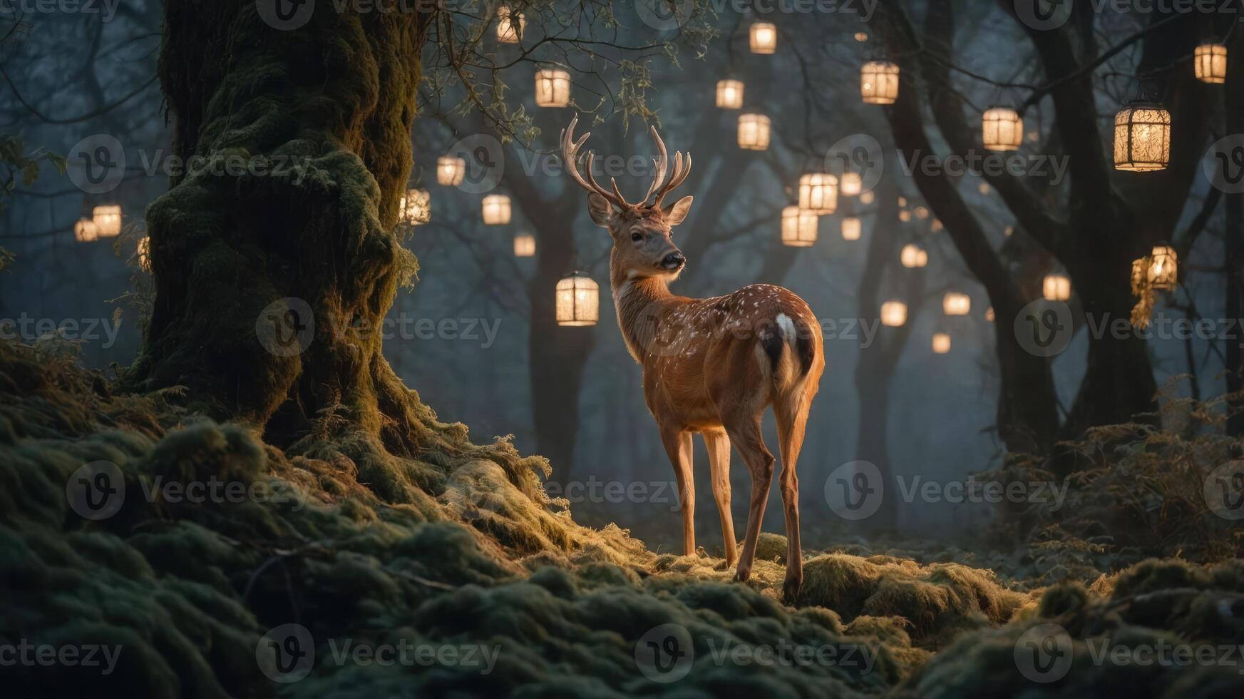 A serene deer stands amidst glowing lanterns in a mystical forest setting. photo