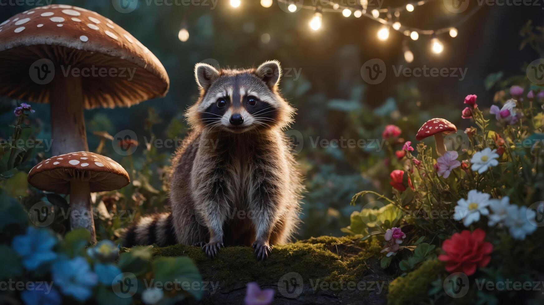 A raccoon stands amidst colorful flowers and mushrooms, illuminated by fairy lights. photo