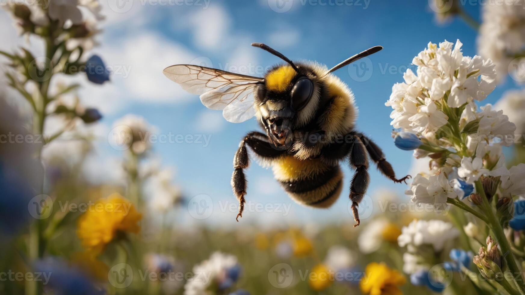 A bumblebee hovering near colorful wildflowers in a sunny field. photo