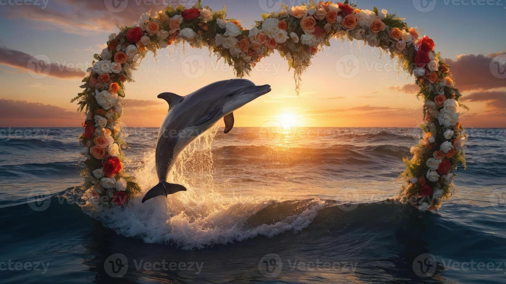 A dolphin leaps through a floral heart at sunset, symbolizing love and nature's beauty. photo