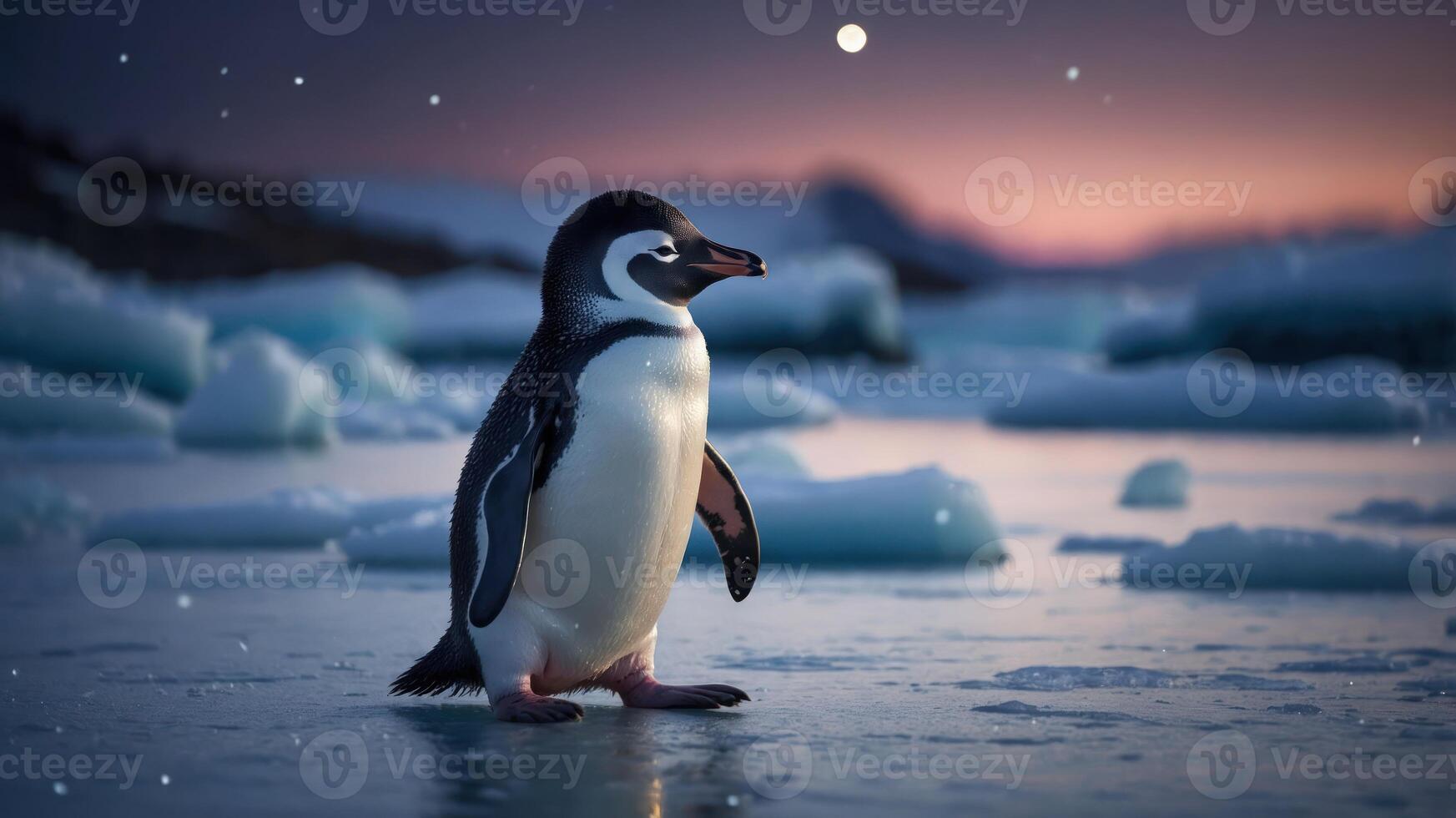 A penguin standing on icy terrain at sunset, surrounded by snowflakes and ice formations. photo