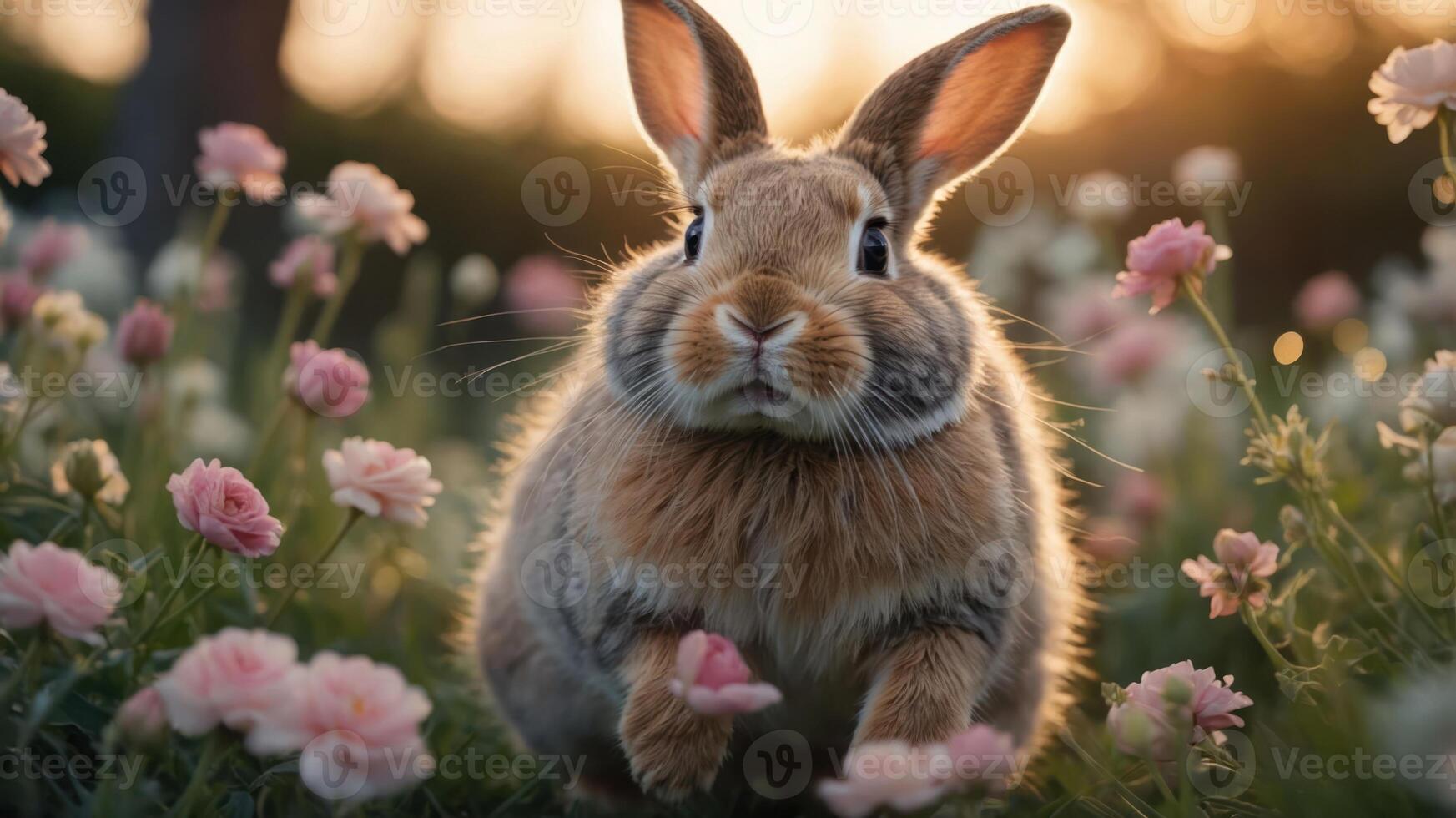 A cute rabbit surrounded by pink flowers in a serene setting at sunset. photo