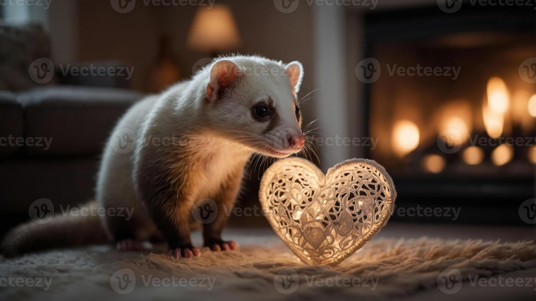 A ferret beside a glowing heart-shaped decoration in a cozy, warmly lit setting. photo