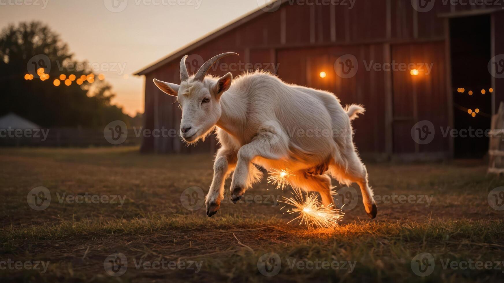 A playful goat leaps in a field at sunset, creating a magical atmosphere with sparks. photo
