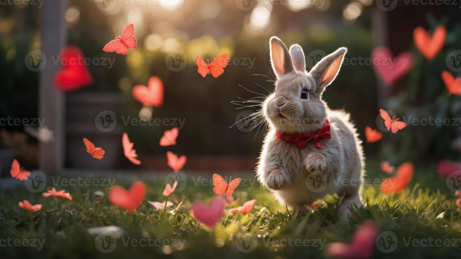 A playful rabbit in a garden surrounded by butterflies and heart-shaped decorations. photo